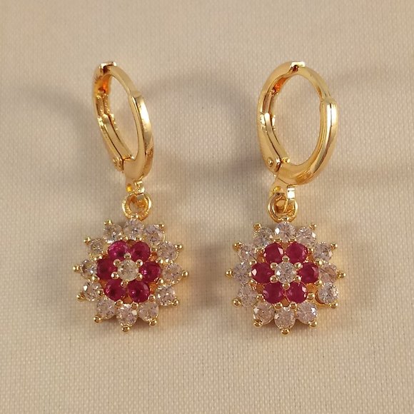 18K Yellow Gold Filled Flower Ruby Red Diamond Zircon Dangle Earrings Gorgeous - Picture 3 of 4